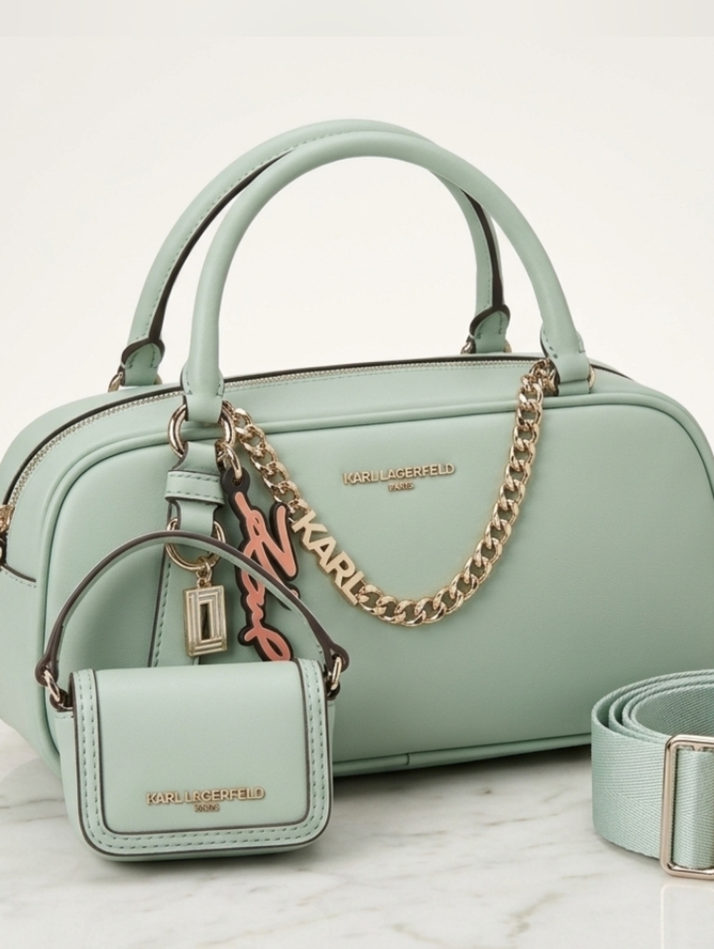 NWT Karl Lagerfeld Paris Zaylia Mini Satchel & Pouch Set – Mint/Seafoam